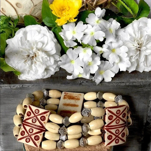 Boho Stacked Wooden Bead Bracelet — Elastic Stretchy Neutral Layered Jewelry - Picture 3 of 4